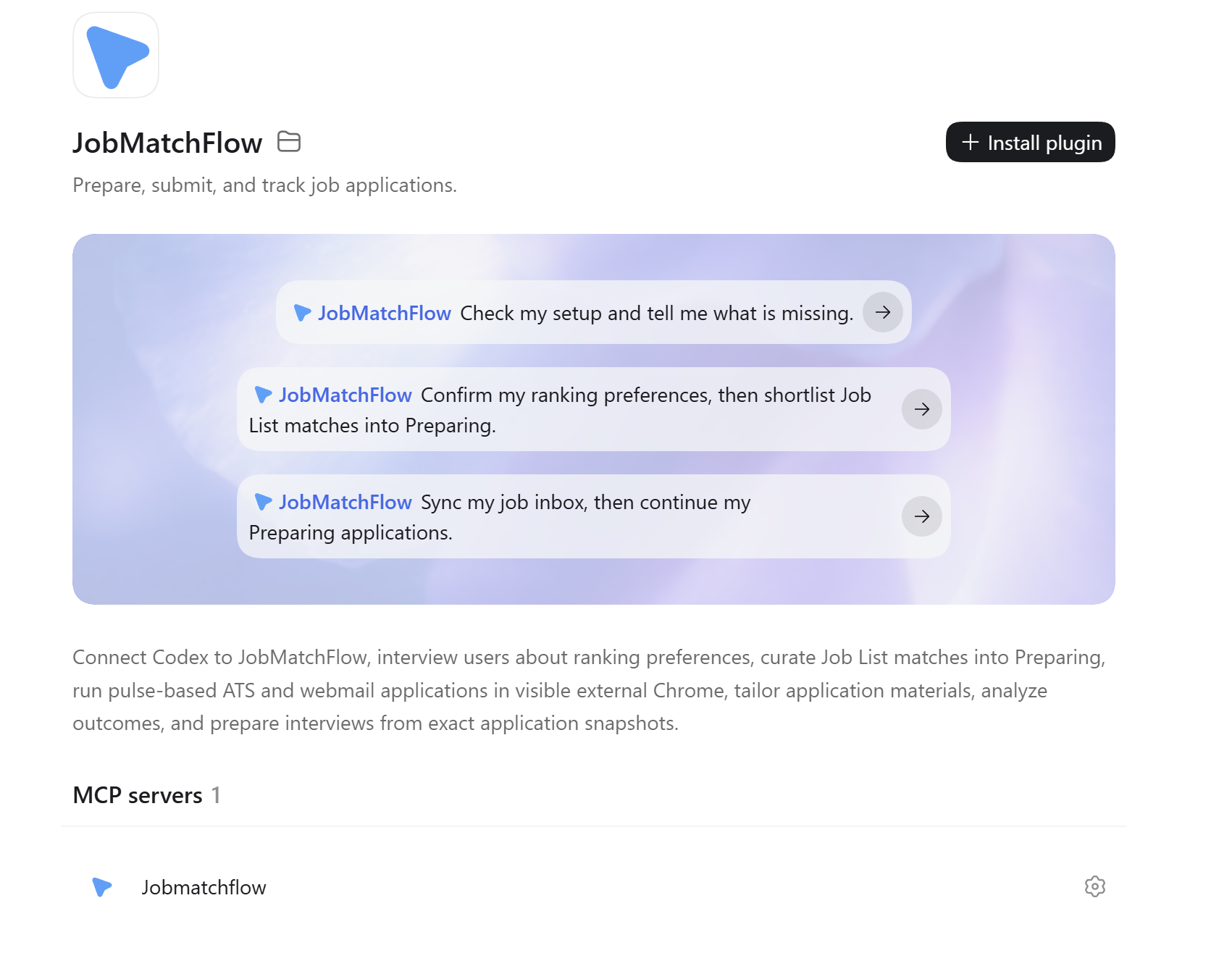 JobMatchFlow plugin listing for Codex, with example prompts for checking setup, shortlisting jobs into Preparing, and syncing the inbox